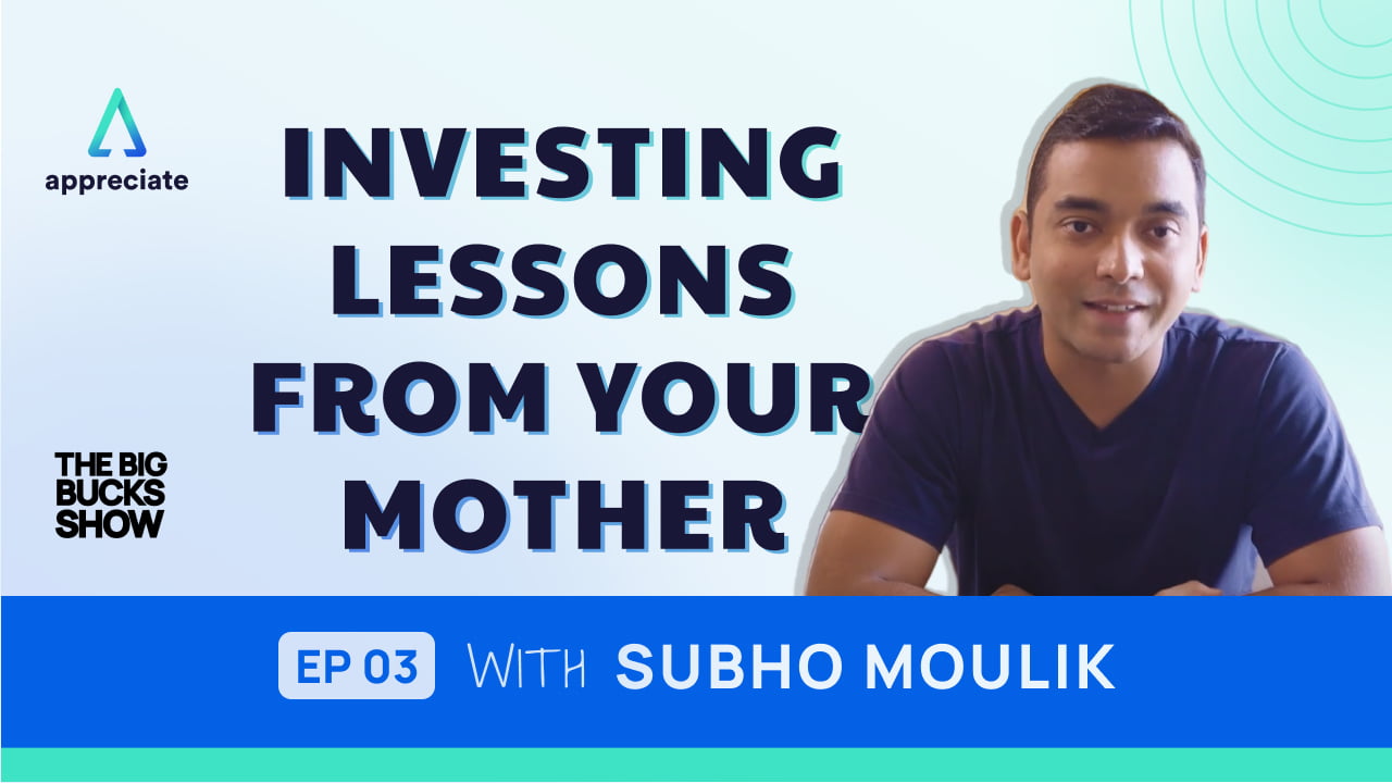 Investing lessons from your mother is the title of a podcast that is hosted by Subho. This is also a YouTube video thumbnail.