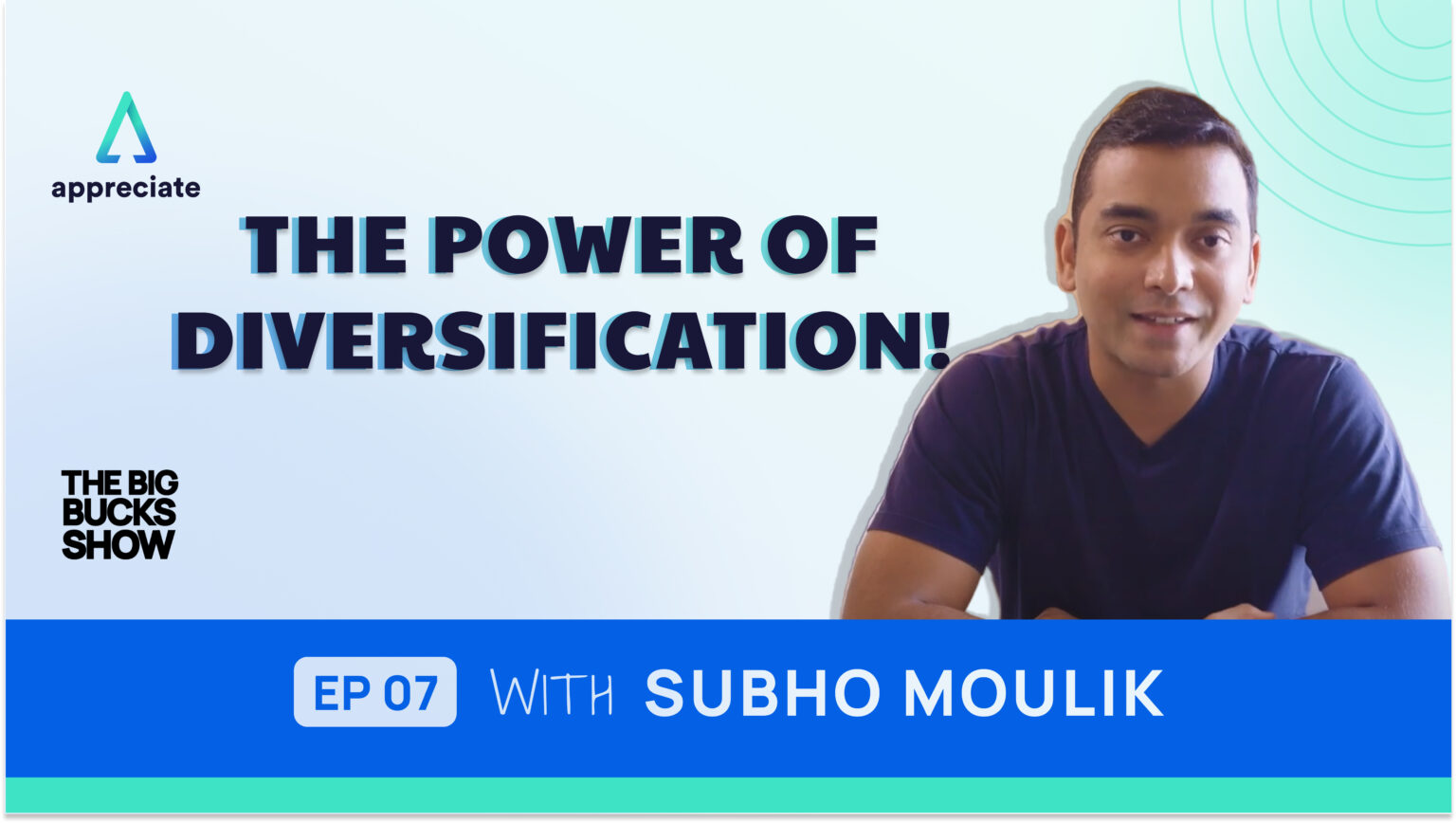 The Power of diversification is the title of a podcast that is hosted by Subho. This is also a YouTube video thumbnail.